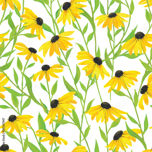 Vector illustration. Hand painted watercolor black-eyed Susan flower seamless repeat pattern. Best for packaging, home décor, bedding and wallpaper. photo