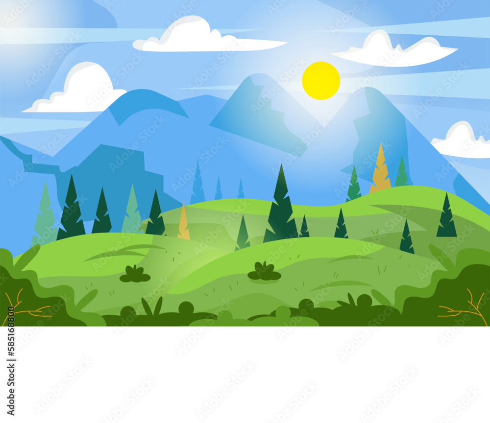 Obraz premium Mountain landscape with green hills, natural valley. Vector picturesque place background, green fir trees and rocks. Snowy mounts, scenic hills, spring or summer nature, blue sky