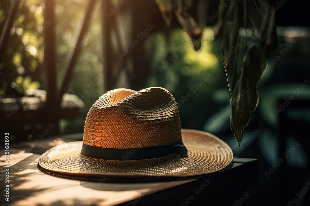 Summer straw hat on the table in the garden. Selective focus. Summer concept, generative ai