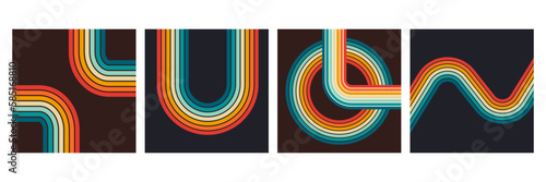 retro vintage 70s style stripes background poster lines. shapes vector design graphic 1970s retro background. abstract stylish 70s era line frame illustration set