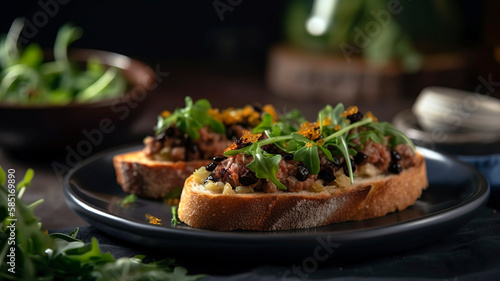 Savory Bruschetta with Tapenade, Cream Cheese and Arugula