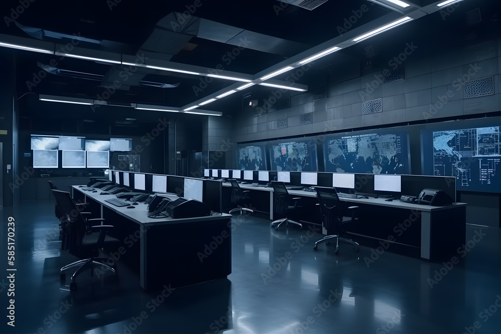 Empty interior of big modern security system control room, workstation with multiple displays, monitoring room with at security data center Empty office, desk, and chairs. Generative Ai. Empty interior of big modern security system control room, workstation with multiple displays, monitoring room with at security data center Empty office, desk, and chairs. Generative Ai.