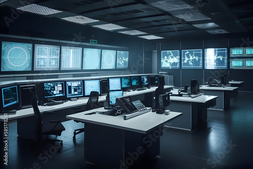 Empty interior of big modern security system control room, workstation with multiple displays, monitoring room with at security data center Empty office, desk, and chairs. Generative Ai.