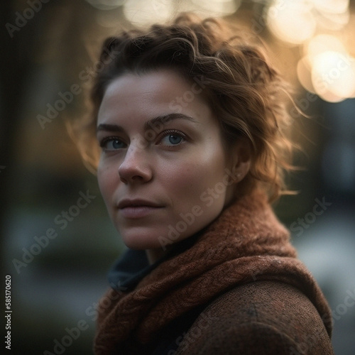 Natural, real person portrait and closeup of a woman, girl or female outside in nature or a forest. Artistic, edgy and cute or pretty face - AI generated © peopleimages.com