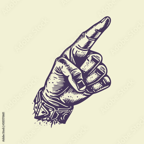 Woodcut engraving style hand drawn vector illustration of hand gesture. Pointing at direction. Optimized vector. 