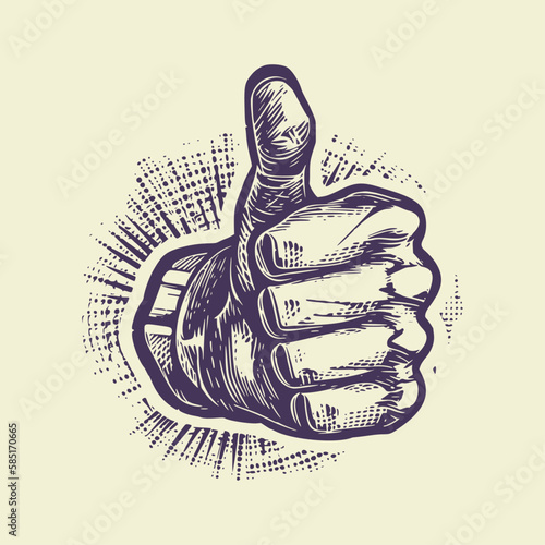 Woodcut engraving style hand drawn vector illustration of hand gesture. Thumbs up. Optimized vector. 