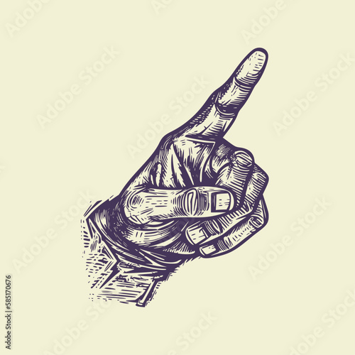 Woodcut engraving style hand drawn vector illustration of hand gesture. Pointing at direction. Optimized vector. 