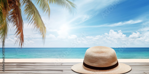 Panoramic view of hat on the wood terrace against blue sea in tropical beach and sky background  summer holiday vacation  sea landscape concept. Generative AI