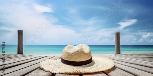 Panoramic view of hat on the wood terrace against blue sea in tropical beach and sky background  summer holiday vacation  sea landscape concept