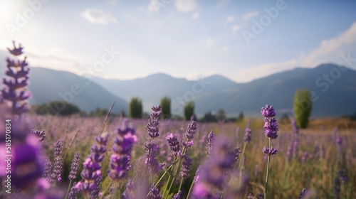 Panoramic view of blooming lavender flowers on nature field in summer, natural flowers background, purple lavender panoramic view. Generative AI