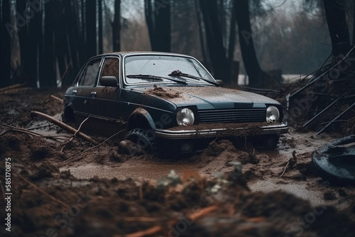 car in the forest after a natural disaster, created with generative ai