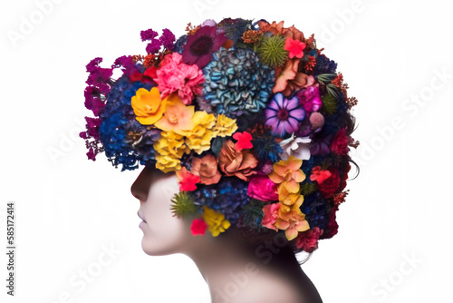 Mental health day, female head made of colorful flowers. Fictional person created with generative AI. © Serhii