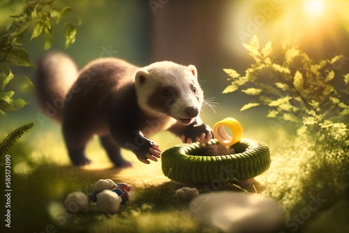 Playful ferret chasing a toy around a living room