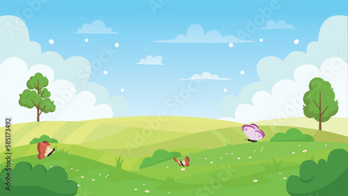 Cartoon meadow landscape. summer green fields view, spring lawn hill and blue sky, green grass fields landscape background illustration. field grass, meadow landscape spring or summer Premium Vector
