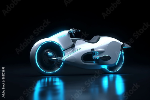 Elegant white futuristic electric motorcycles with blue neon, electric fast motorcycles, isolated on dark background, concept of futuristic motorcycles