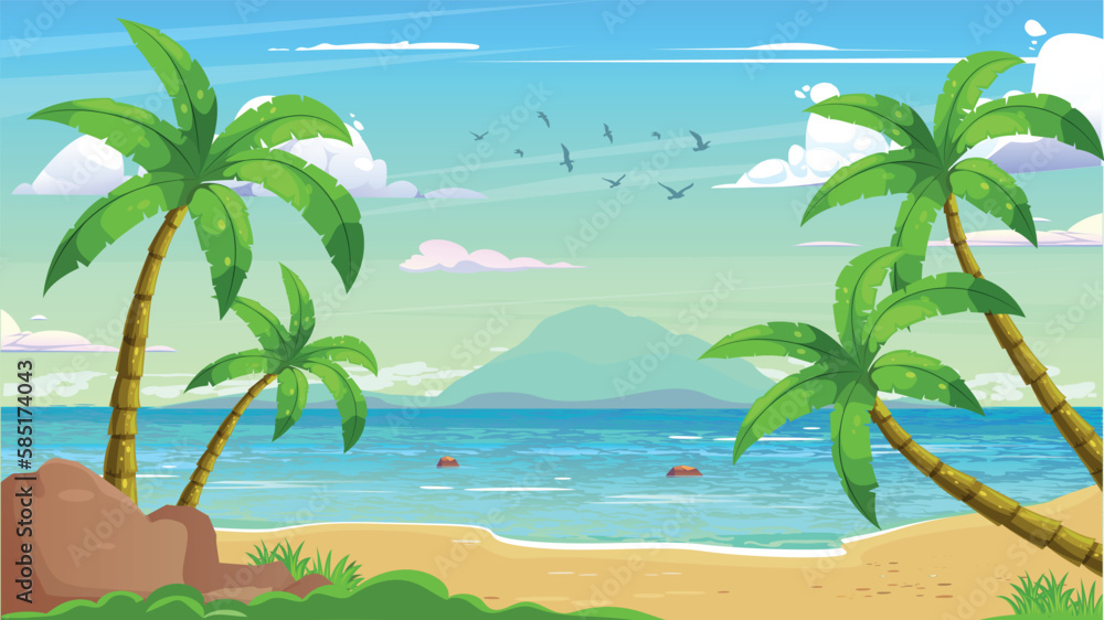 Daytime beach landscape. seascape, beach cartoon illustration set. Premium Vector .eps

