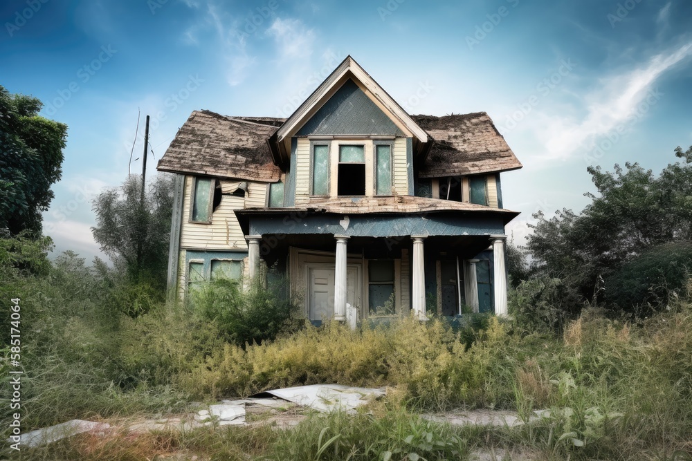 Dilapidated and abandoned house, concept of real estate fall Dilapidated and abandoned house, concept of real estate fall