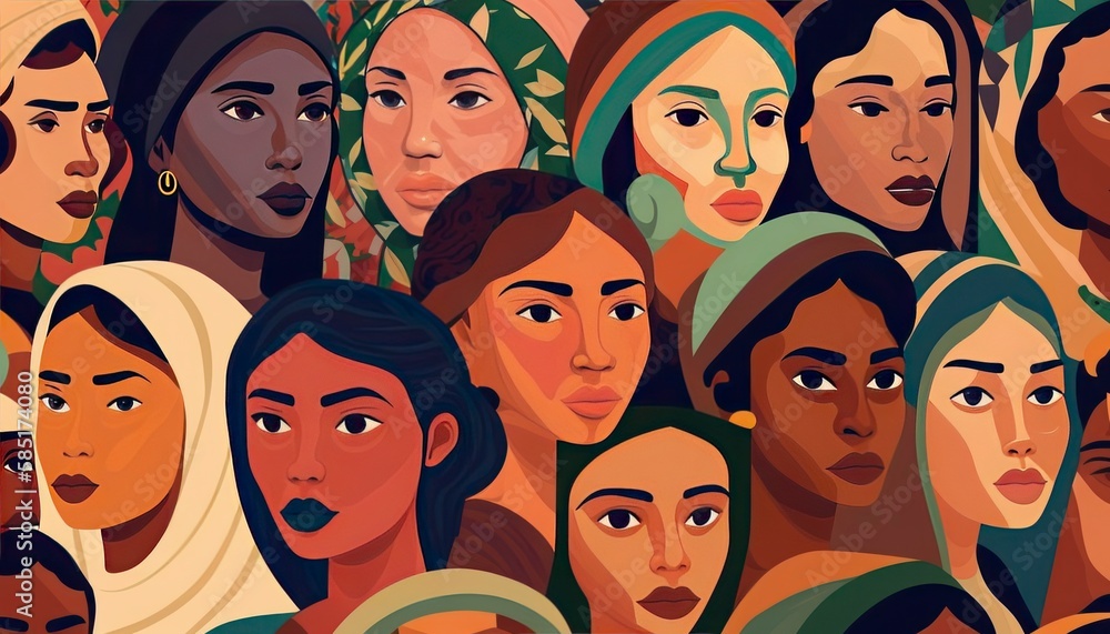 group of people in colors, women face portraits illustration seamless pattern wallpaper, power women thoughtful diversity equality difference gap, angry shocked different kinds, generative ai