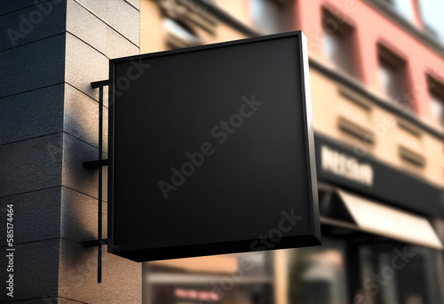 Black square signboard mockup in outside for logo design, brand presentation for companies, ad, advertising, shops.