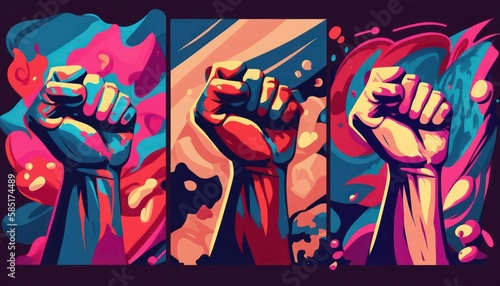 hands and fists in the air with crowd background illustration, power symbol, women marching shout scream diversity equality gap, angry mob strike, generative ai