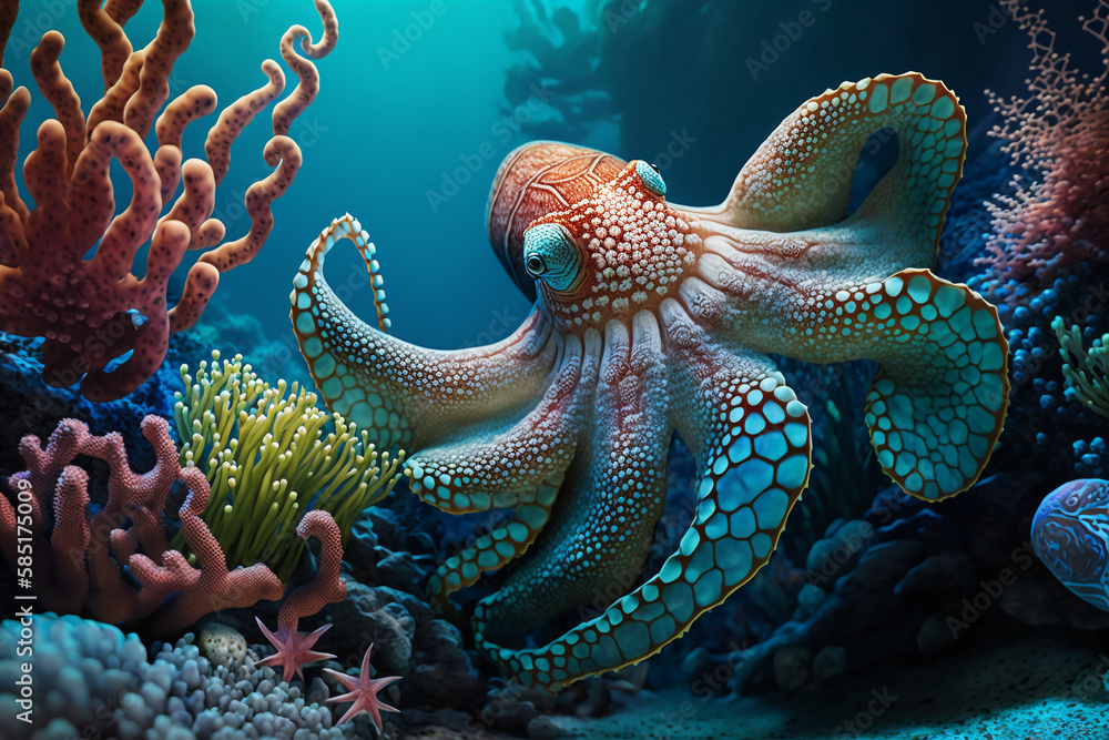 giant Octopus and coral. Illustration of 3d water floor. Underwater world. Octopus. corals, Bright sky, Safe Atmosphere, HQ landscape, 4K, Animal Wallpaper, wildlife Background, AI.