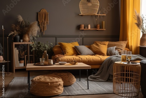 The stylish boho compostion at living room interior with design gray sofa, wooden coffee table, commode and elegant personal accessories. Honey yellow pillow and plaid. Generative AI