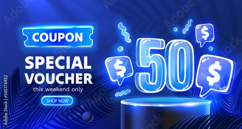 Coupon special voucher 50 dollar, Neon banner special offer. Vector illustration