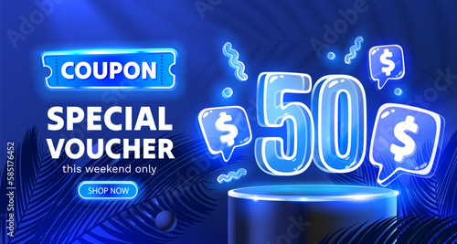 Coupon special voucher 50 dollar, Neon banner special offer. Vector illustration