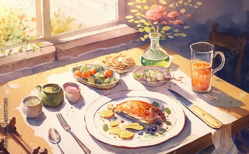 A drawn dinner table full of delicious food and wine watercolor dinner food illustrations Generative AI