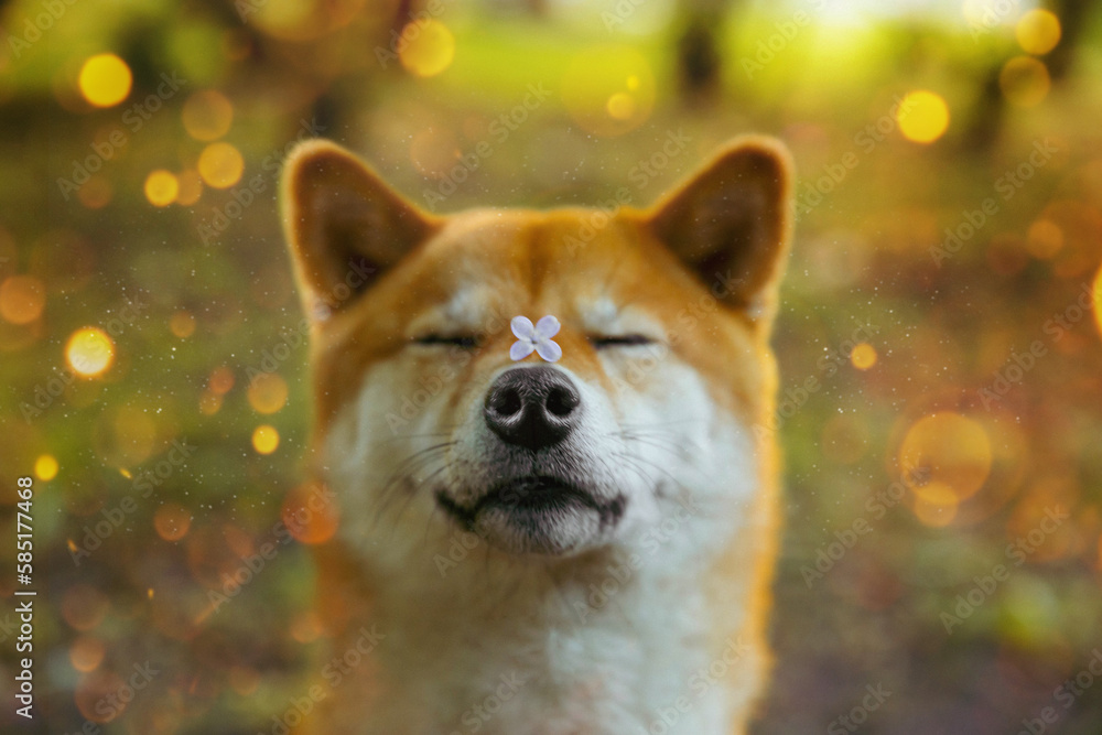 Shiba inu dog with a flower on its nose squinted, sunny photo with bokeh