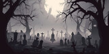 Scary cemetery illustration, stone tombstones among the trees in the forest in the fog. AI generated illustration
