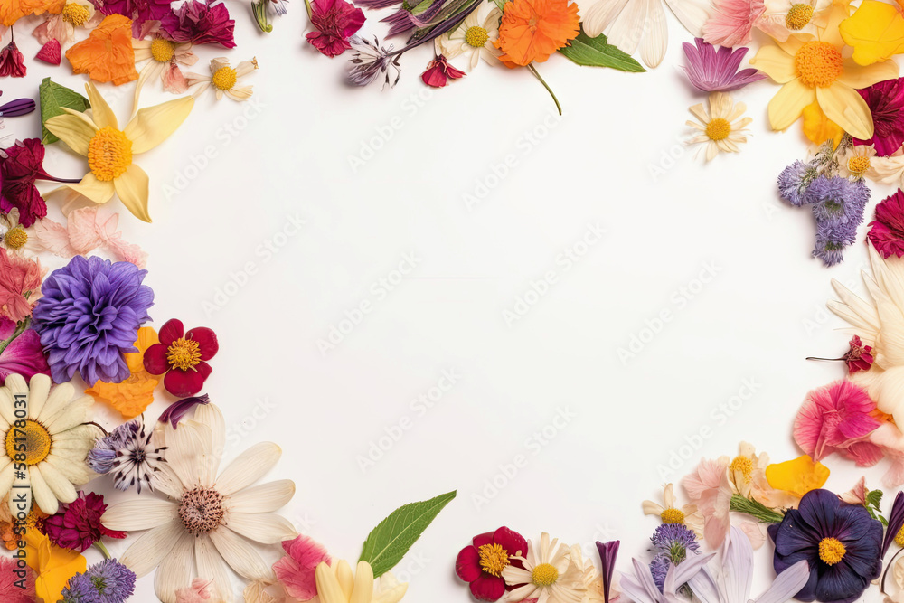 Floral banner, natural spring flower mix background with white empty space for copy text - Generative AI Floral banner, natural spring flower mix background with white empty space for copy text - Generative AI