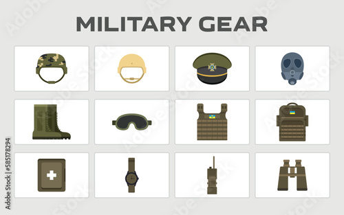 Military gear, Combat boots, military equipment, Tactical vest, Gas mask, Camouflage clothing