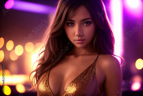 Beautiful sexy girl in a tight shiny dress in a nightclub  Generative AI