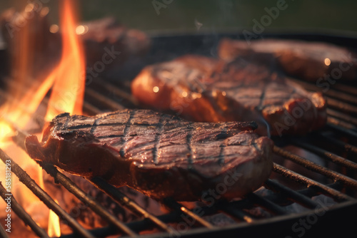Grilled beef steaks with spices and herbs on bbq outdoor.Ai generative