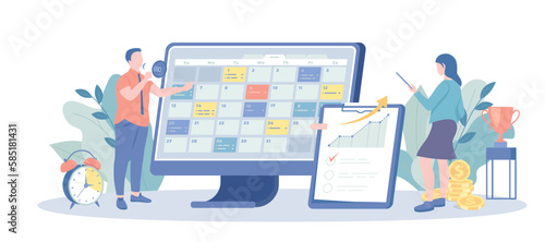 Deadline Control. Time management and productivity. Workers planning deadline and prioritize tasks, business productivity agenda. Vector illustration with character situation for web. photo