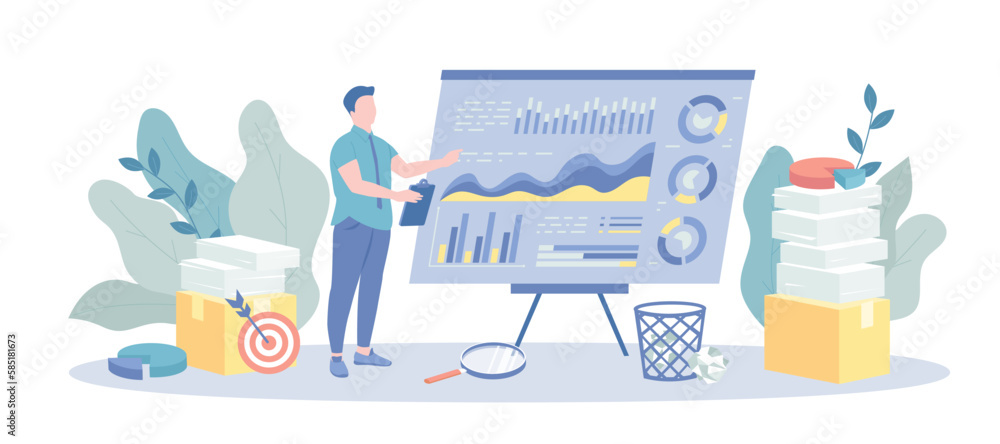 Business Analytics, Data Analysis, Financial Report. Businessman analyze statistical data, graphs and charts. Vector illustration with character situation for web.