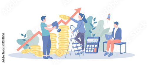 Finance Growth Money Profits. Investing Plans, Calculating Benefits. People analyze financial data of company and make profit invest money. Vector illustration with character situation for web.