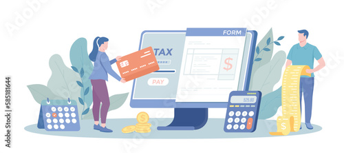 Online Tax Filing Service. Tax software program, IRS form, personal income, money refund, gather paperwork. Vector illustration with character situation for web.