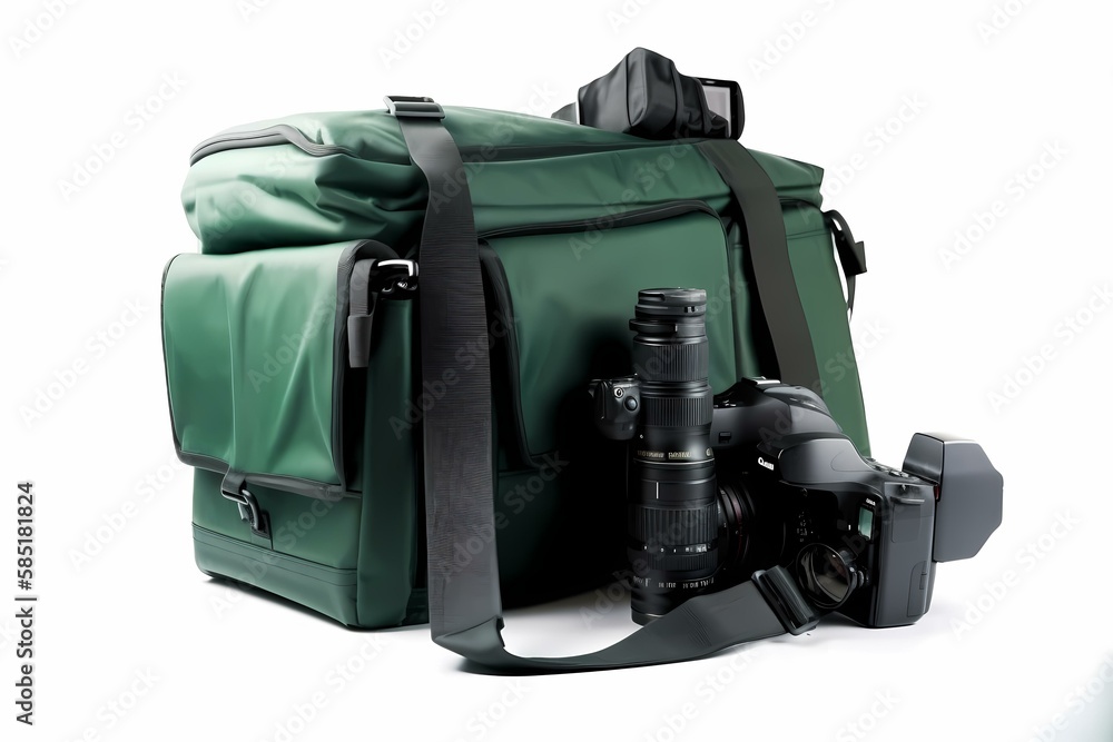 A green backpack with a camera - Generative AI A green backpack with a camera - Generative AI