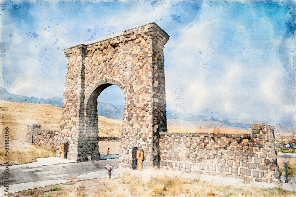 Digitally created watercolor painting of the Roosevelt Arch at the North Entrance to Yellowstone National Park