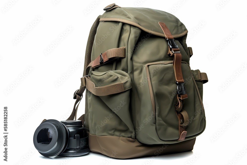 Naklejka premium ﻿A brown backpack with a camera - Generative AI