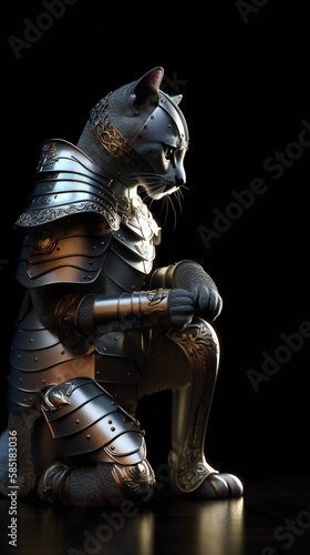 Cat knight in medieval steel armor. AI generated illustration