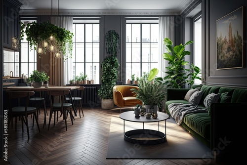 Open, fashionable living and dining area with a sofa and a dining table. Room with lots of plants, dark wooden parquet, and lots of natural light. Generative AI