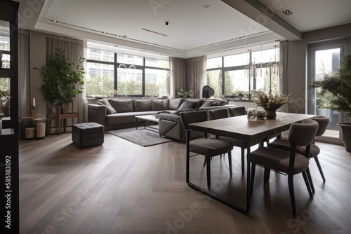 Open, fashionable living and dining area with a sofa and a dining table. Room with lots of plants, dark wooden parquet, and lots of natural light. Generative AI