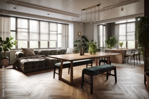 Open, fashionable living and dining area with a sofa and a dining table. Room with lots of plants, dark wooden parquet, and lots of natural light. Generative AI © MVProductions
