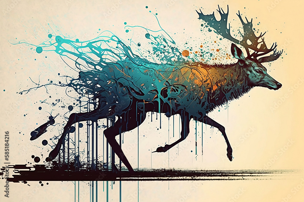 Deer running, graffiti, paint drips