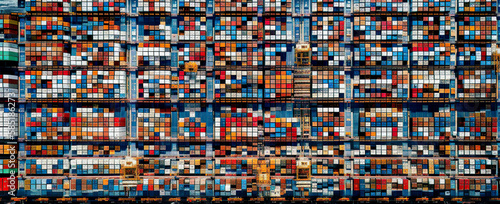 Abstract representation of container storage in a port. Freighter import export global business trade. Containerised cargo in industrial port. AI generated illustration. photo