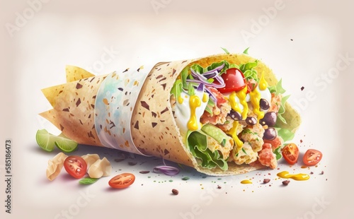 Drawn appetizing fresh healthy breakfast burrito watercolor breakfast Mexican food illustrations Generative AI