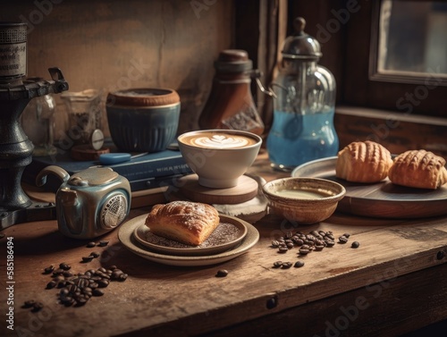 A beautifully presented, artisanal cup of coffee with latte art on a rustic wooden table. The scene includes a vintage coffee grinder, roasted coffee beans, and a delicious pastry.